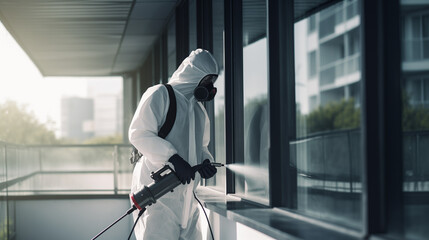 Fototapeta na wymiar Man in protective suit and face mask spraying for disinfection