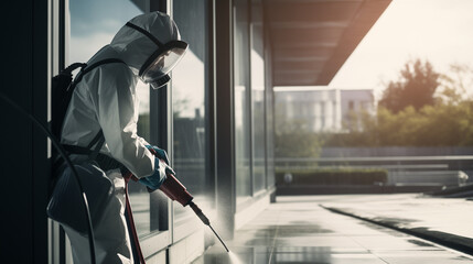 Man in protective suit and face mask spraying for disinfection - obrazy, fototapety, plakaty