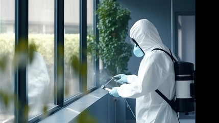 Man in protective suit and face mask spraying for disinfection