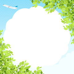Fototapeta na wymiar 新緑と青空の中を飛ぶ飛行機　フレーム・背景素材（正方形）
