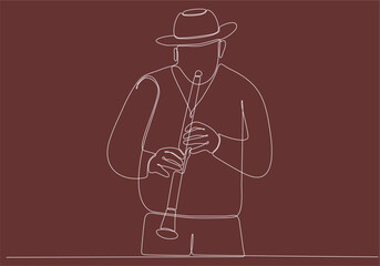 Continuous line man blowing jazz saxophone instrument Simple style hand drawn music style vector illustration