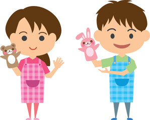 パペットを持つ保育士のイメージイラスト（男女セット）