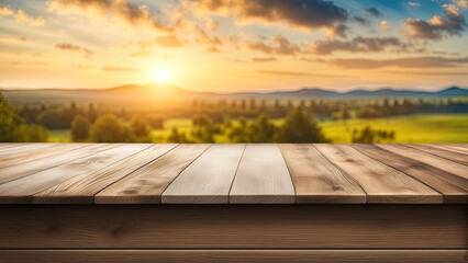 Wooden table for product placement blurred sky background