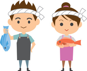 魚を持っている鮮魚店員のイメージイラスト（男女セット）