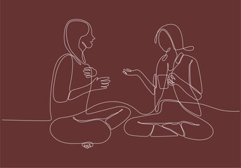 Single continuous line image of two young female workers chatting casually during office break. Having small talk at work one line concept drawing graphic design vector illustration