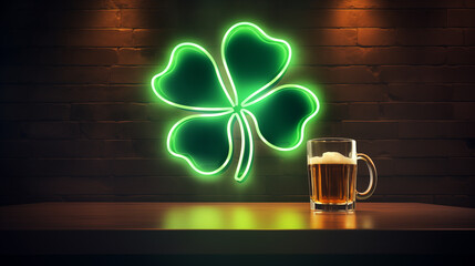 A mug of beer on an empty table and a neon sign of a lucky shamrock - a symbol of St. Patrick's Day - against the background of a brick wall, a cozy atmosphere of an evening pub. Photorealistic graphi