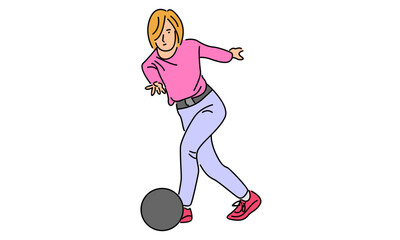 line art color of bowling player throw ball to hit bowling pins