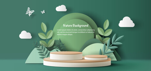 Product banner, podium platform with geometric shapes and nature background, paper illustration, and 3d paper.	
