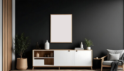 Picture-mockup-with-white-vertical-frame-on-Black-wall--Stylish-interior-with-decor-and-wooden-cupboard-and-blanket-picture--Poster-mockup--Minimalist-modern-interior-design--3D-illustration