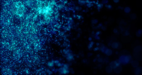 Fototapeta na wymiar Blurred blue abstract background of bokeh and small round particles of energy magical holiday flying dots on a black background
