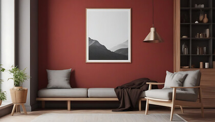 Picture-mockup-with-white-vertical-frame-on--red-wall--Stylish-dark-interior-with-decor-and-wooden-cupboard-and-blanket-picture--Poster-mockup--Minimalist-modern-interior-design--3D-illustration