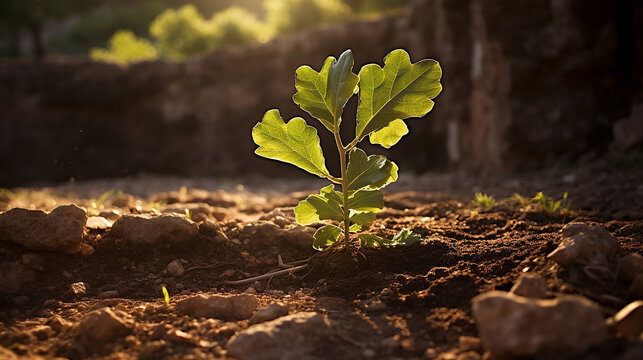A fig tree sapling in a heritage orchard, dusk light hinting at revival of traditional food sources