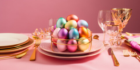 Rainbow and gold Easter eggs on table setting isolate on pink background.