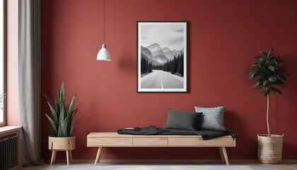 Picture-mockup-with-white-vertical-frame-on--red-wall--Stylish-dark-interior-with-decor-and-wooden-cupboard-and-blanket-picture--Poster-mockup--Minimalist-modern-interior-design--3D-illustration