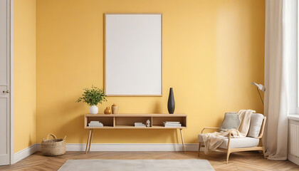  Picture-mockup-with-white-vertical-frame-on-Yellow-wall--Stylish-interior-with-decor-and-wooden-cupboard-and-blanket-picture--Poster-mockup--Minimalist-modern-interior-design--3D-illustration