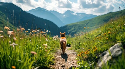 Cat hiking on a mountain trail summer road trip  - obrazy, fototapety, plakaty