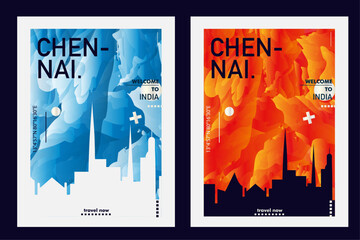 Chennai city poster pack with abstract skyline, cityscape, landmark and attraction. India, Tamil Nadu state travel vector illustration layout set for vertical brochure, website, flyer, presentation - obrazy, fototapety, plakaty