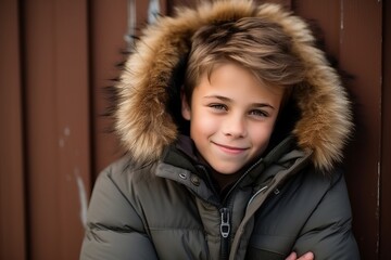 portrait of a boy in a winter jacket on a wooden background