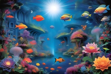 Obraz na płótnie Canvas Fusion-fiestadelectable-dreamscapesavory-serenityculinary-canvascelestial-harmonysurreal-underwcoral-reef-and-fish-in-aquarium