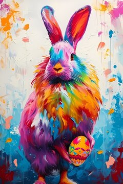 colorful furry easter bunny with eggs
