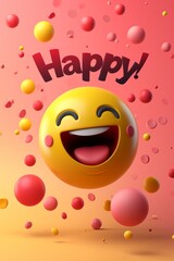 laughing emoji surrounded by vibrant pink bubbles and bold 'Happy!' text