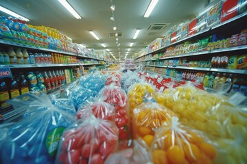 Blurred view of a grocery store aisle showcasing vibrant fruits and vegetables in plastic wrapping