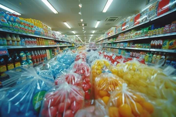 Foto op Plexiglas Blurred view of a grocery store aisle showcasing vibrant fruits and vegetables in plastic wrapping © artem