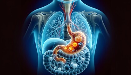 acid reflux,  gastritis, dark blue background, medical illustration