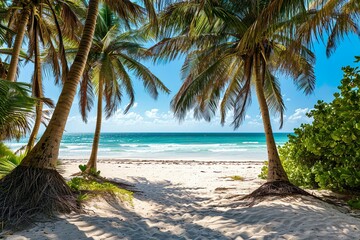 Amazing view of beach with white sand and beautiful exotic palm trees