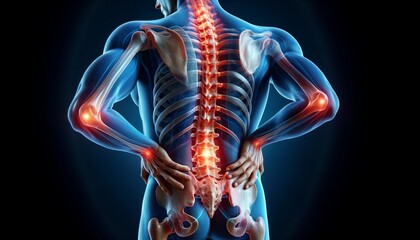 Lower back pain , back on the dark blue background, medical illustration - obrazy, fototapety, plakaty