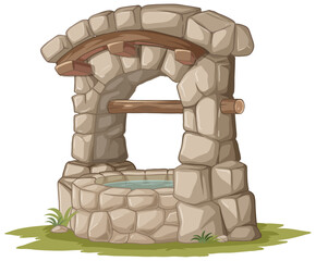 Cartoon illustration of a stone well with water.
