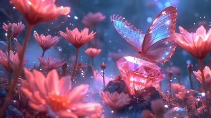 Beautiful crystal fairy butterfly sits on a pink diamond and flower garden, glowing insects in the night forest, 3d rendering unique digital art, fantasy surreal landscape.