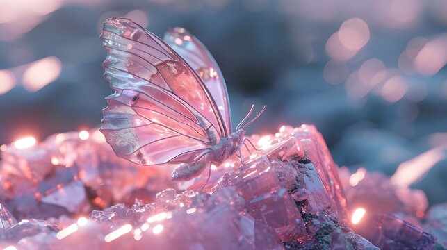Fairy butterfly with crystal glass wings on a pink diamond, rose quartz sphere stone watercolour flower garden background. Magical insect in fantasy forest, 3d digital artwork creative illustration.