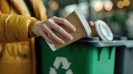 Close-up woman hand throwing empty paper coffee cup in recycling bin. Recycle concept. - obrazy, fototapety, plakaty