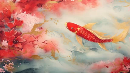 Fotobehang Asian background , Oriental Japanese style abstract pattern background design with koi fish turn into dragon decorate in water color texture, gold and rose pink red colours. New year 2024 concept © ribelco