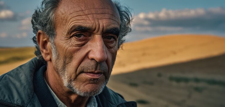  A Close Up Of A Person Wearing A Jacket And Looking Off Into The Distance With Hills And Clouds In The Background.