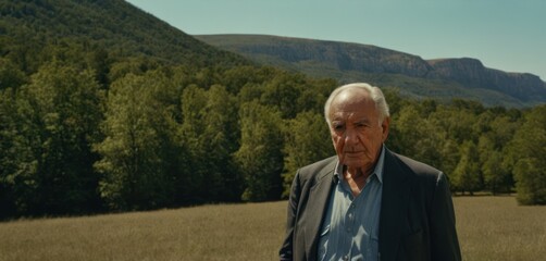 Naklejka na ściany i meble a man in a suit standing in a field with a mountain in the back ground and trees in the foreground.