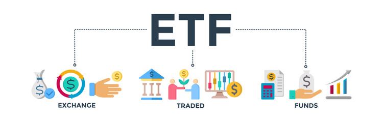 ETF banner concept Exchange Traded Funds Stock Market Investment with icon of money, cash flow, trading, transaction, bank, accounting, and growth. Web icon vector illustration