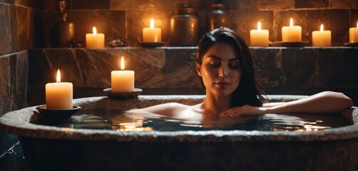  a woman is sitting in a hot tub with candles on either side of her face and a bowl of water in front of her. - obrazy, fototapety, plakaty