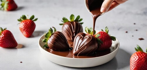  a plate of chocolate covered strawberries being drizzled with a chocolate sauce with strawberries on the side. - obrazy, fototapety, plakaty
