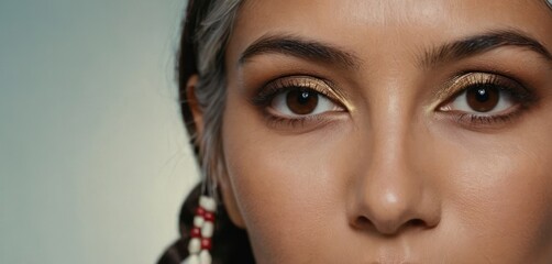  a close up of a woman's face with a pair of gold eyeliners on her left eye.