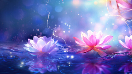 水に浮かぶ青とピンクの蓮の花、余白のある幻想的な背景