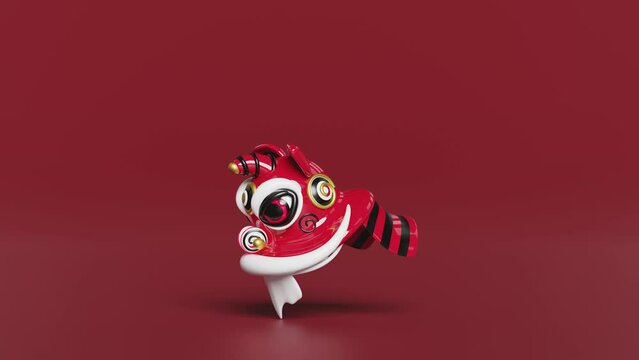 3d lion dance head with chinese gold ingot for festive chinese new year holiday. 3d render illustration, alpha channel
