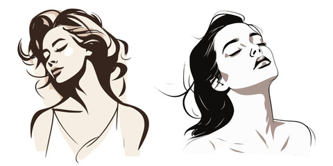 Vector illustration of beautiful woman face with long hair and closed eyes.