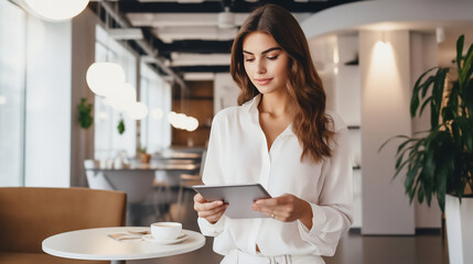 Brunette woman with a tablet in her hands in the office.
