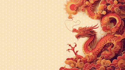 red gold dragon on light colored background with pattern, chinese new year mockup
