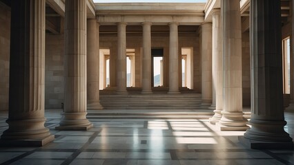 Interior of ancient greek architecture with symmetrical columns and stairs from Generative AI - obrazy, fototapety, plakaty