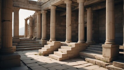 Interior of ancient greek architecture ruins with columns and stairs from Generative AI - obrazy, fototapety, plakaty
