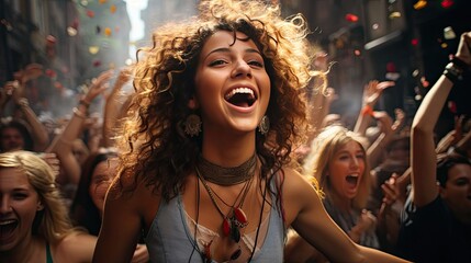 Image of joyful young hippie woman dancing at music festival. Looking aside