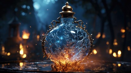 Burning magic potion in crystal bottle. Halloween witchcraft and alchemy concept - obrazy, fototapety, plakaty